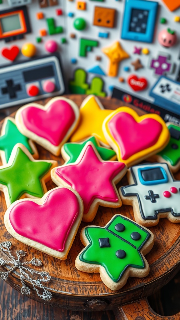 A variety of 8-bit cookies in colorful icing, shaped like game characters and hearts on a wooden table.